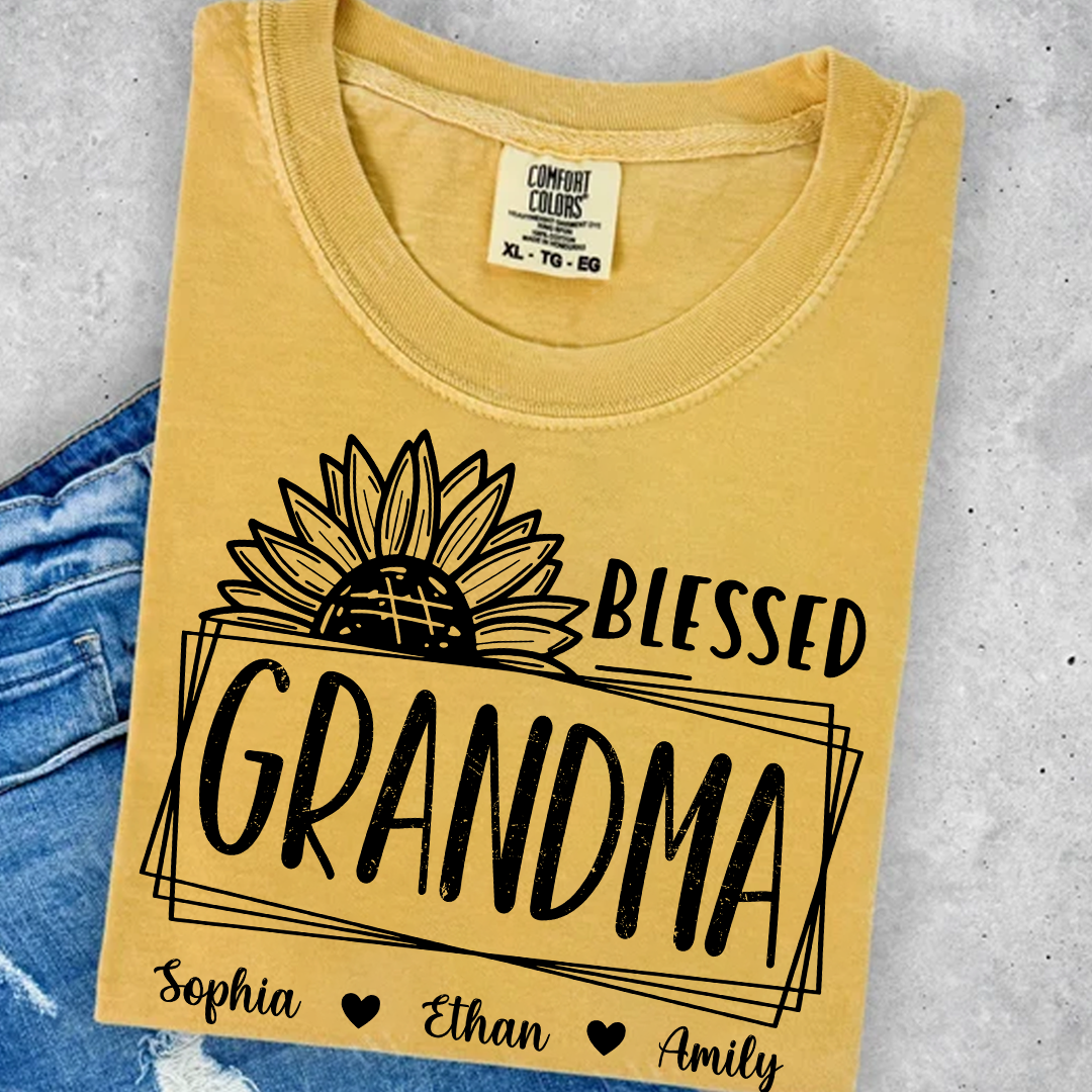 Comfort Colors Blessed Grandma Sunflower Tee with Personalized Names - Gift for Grandma, Mother's Day or Birthday Shirt