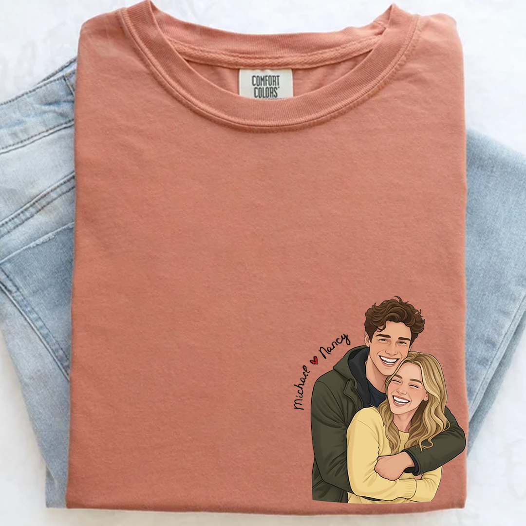 Custom Cartoon Couple Portrait Comfort Colors Shirt, Personalized Photo Illustration T Shirt, Matching Couple Tee with Names, Cute Romantic Outfit for Couples