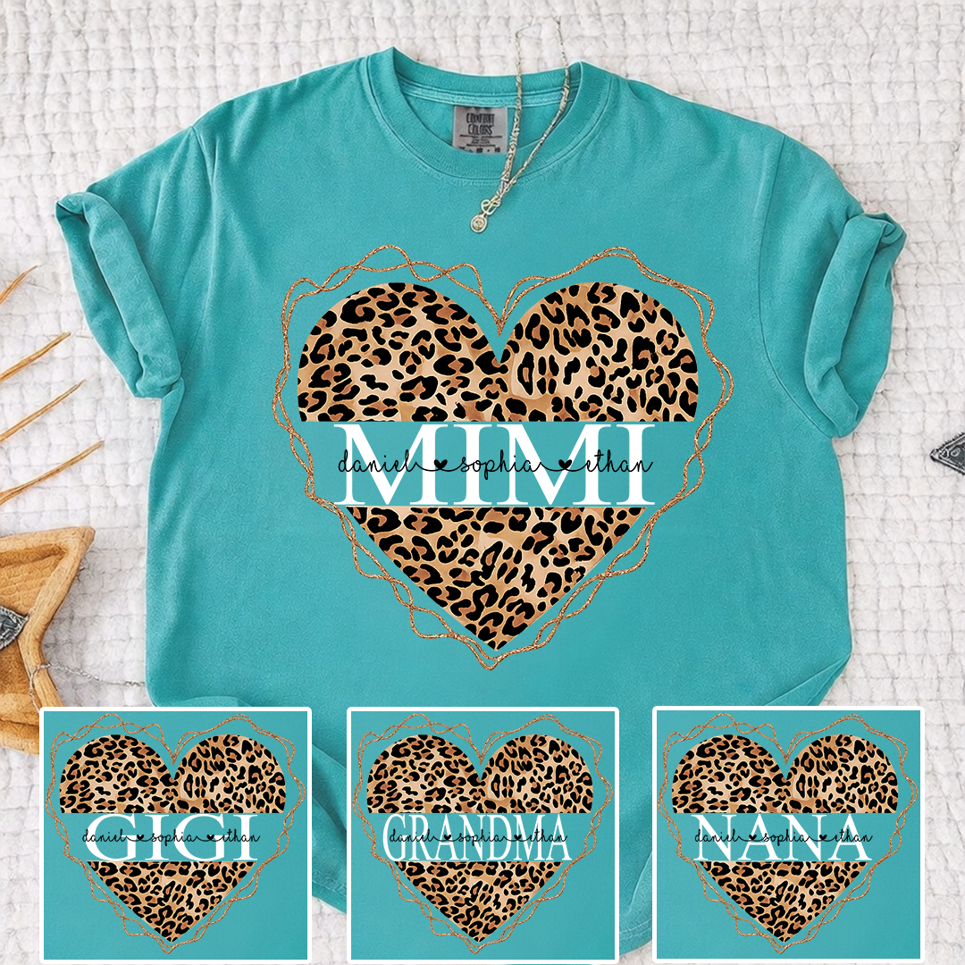 Comfort Colors Personalized Mimi Shirt Leopard Heart Design Custom Grandma Nana Gigi Name Tee with Grandkids Names Trendy Family Outfit for Women