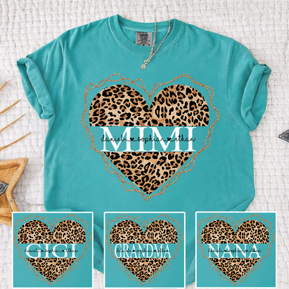 Comfort Colors Personalized Mimi Shirt Leopard Heart Design Custom Grandma Nana Gigi Name Tee with Grandkids Names Trendy Family Outfit for Women