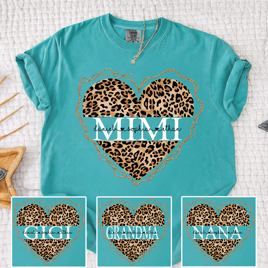 Comfort Colors Personalized Mimi Shirt Leopard Heart Design Custom Grandma Nana Gigi Name Tee with Grandkids Names Trendy Family Outfit for Women