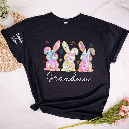 Personalized Grandma Bunny Shirt With Kids Names, Colorful Easter Rabbit Graphic Tee, Custom Family Spring Shirt for Grandma Mimi Nana Gigi