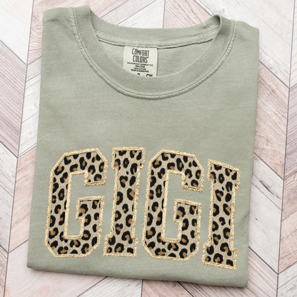 Personalized Gigi Shirt Leopard Print Patchwork Letter Design Custom Grandma Nana Mimi Name Tee Trendy Animal Pattern Family Outfit Gift for Women