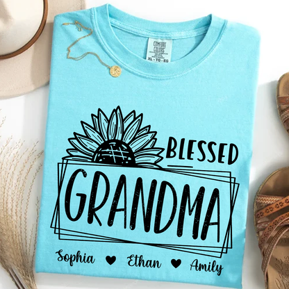 Comfort Colors Blessed Grandma Sunflower Tee with Personalized Names - Gift for Grandma, Mother's Day or Birthday Shirt