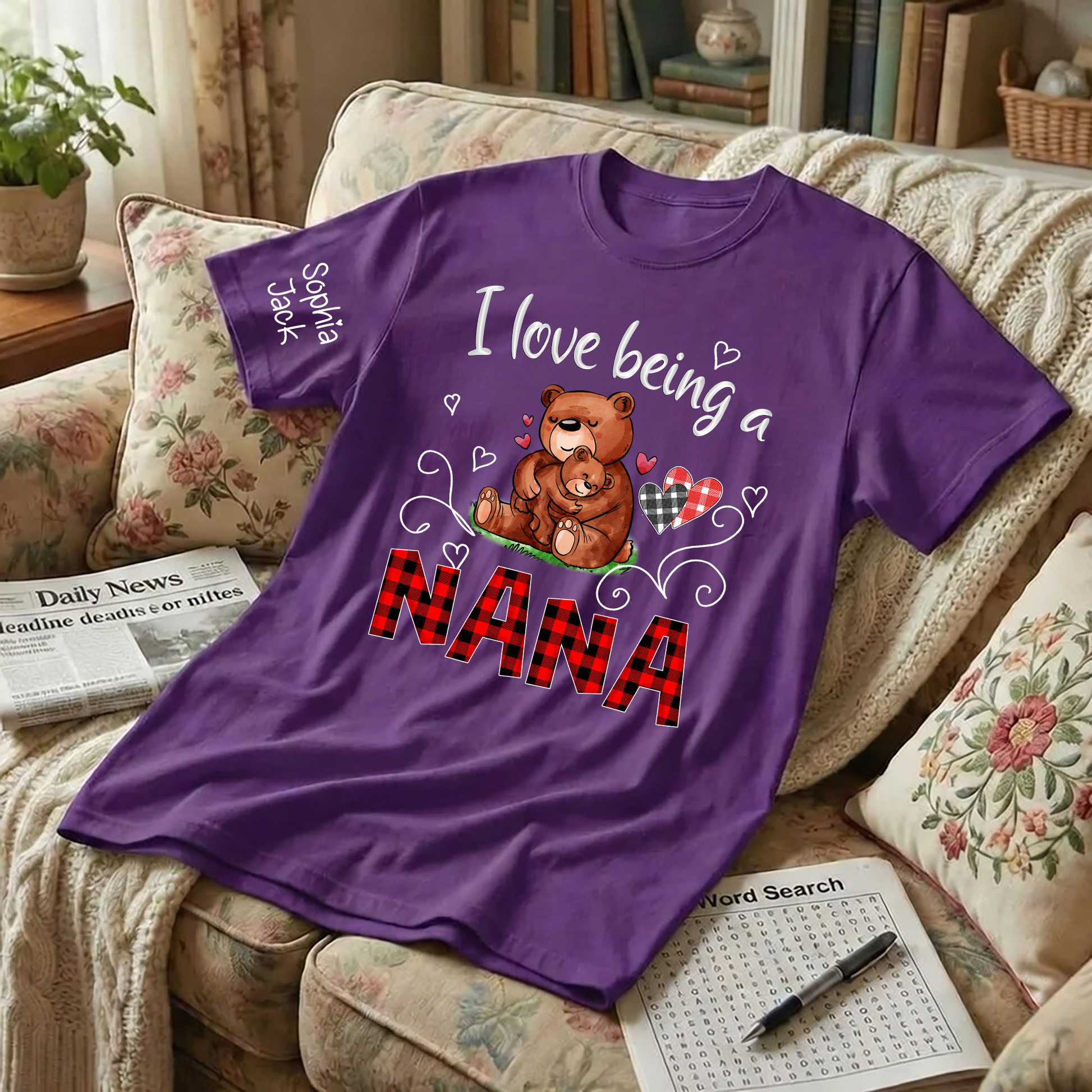 Personalized I Love Being a Nana T-shirt with Custom Names, Cute Bear Graphic, Customizable Gift for Nana