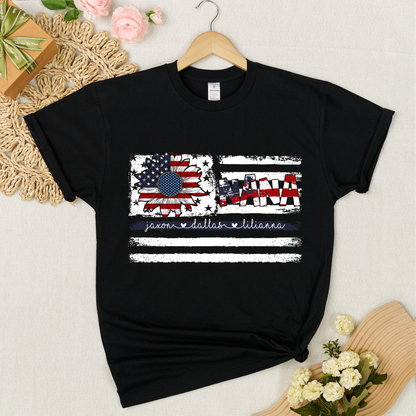 Personalized Nana Shirt with Grandkids Names, American Flag Sunflower Patriotic T-Shirt, Custom Grandma Gif