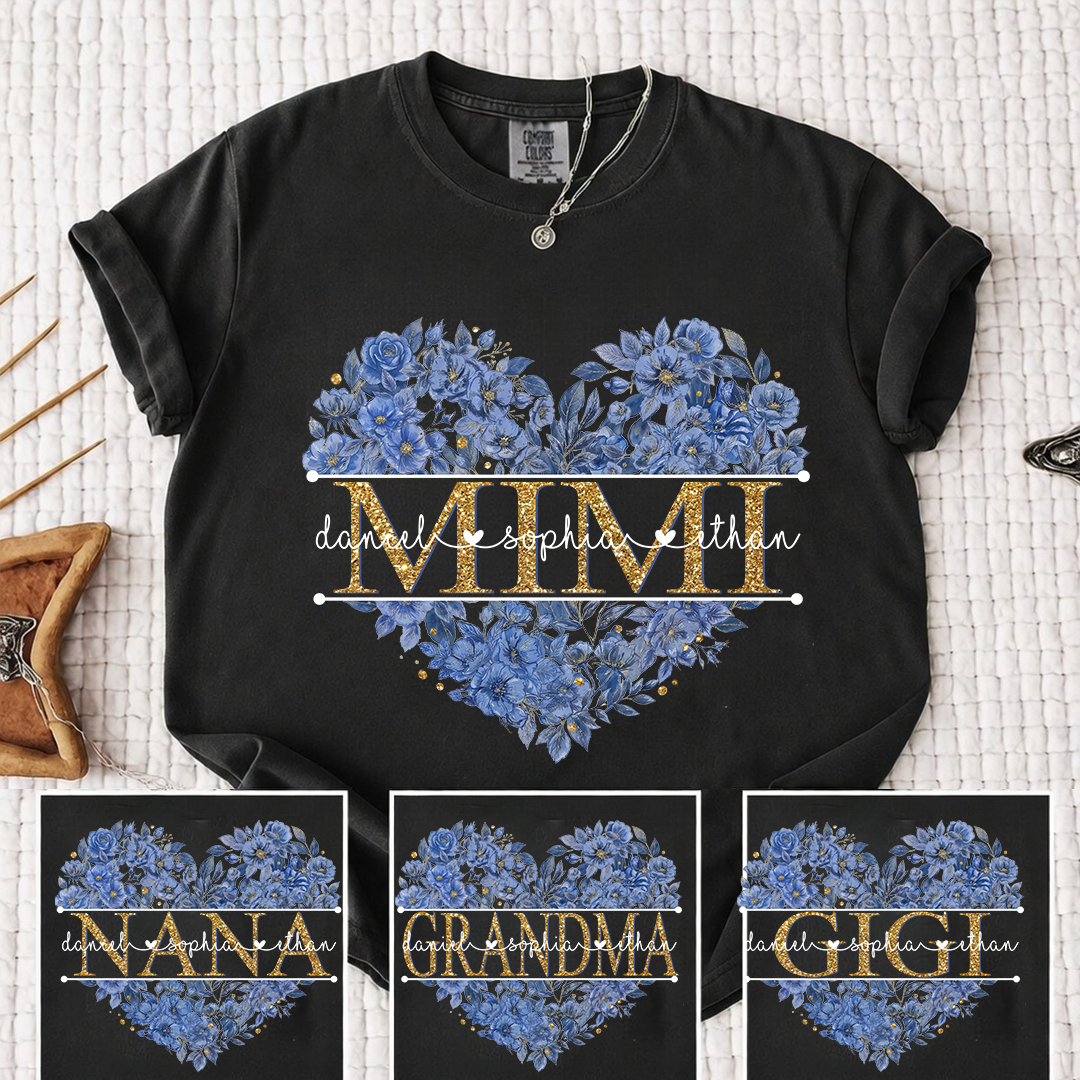 Comfort Personalized Mimi Shirt Blue Floral Heart Design Custom Grandma Nana Gigi Name Tee with Grandkids Names Elegant Family Outfit Gift for Her