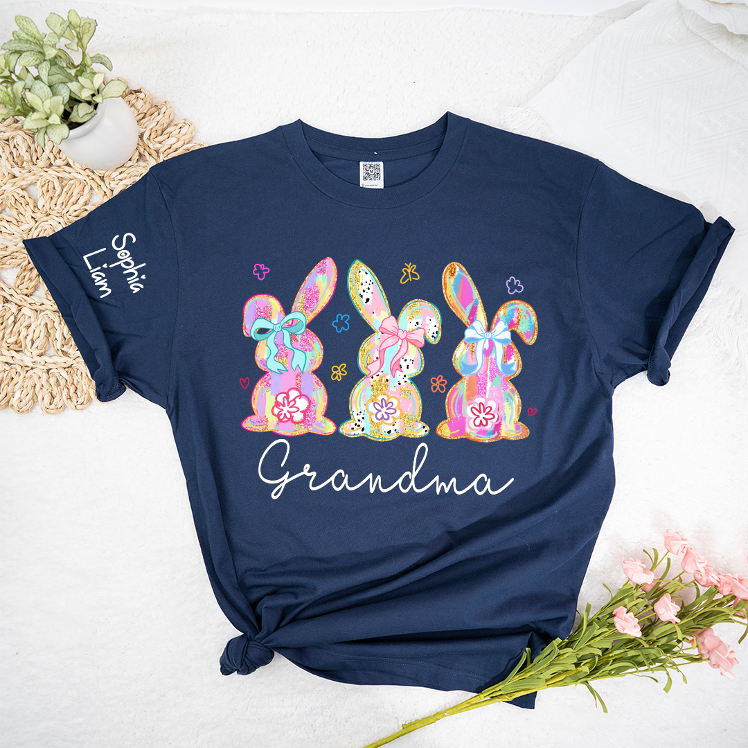 Personalized Grandma Bunny Shirt With Kids Names, Colorful Easter Rabbit Graphic Tee, Custom Family Spring Shirt for Grandma Mimi Nana Gigi