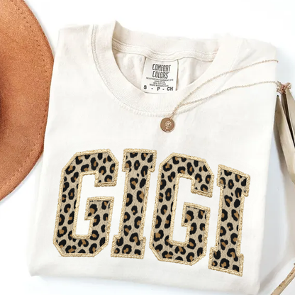Personalized Gigi Shirt Leopard Print Patchwork Letter Design Custom Grandma Nana Mimi Name Tee Trendy Animal Pattern Family Outfit Gift for Women