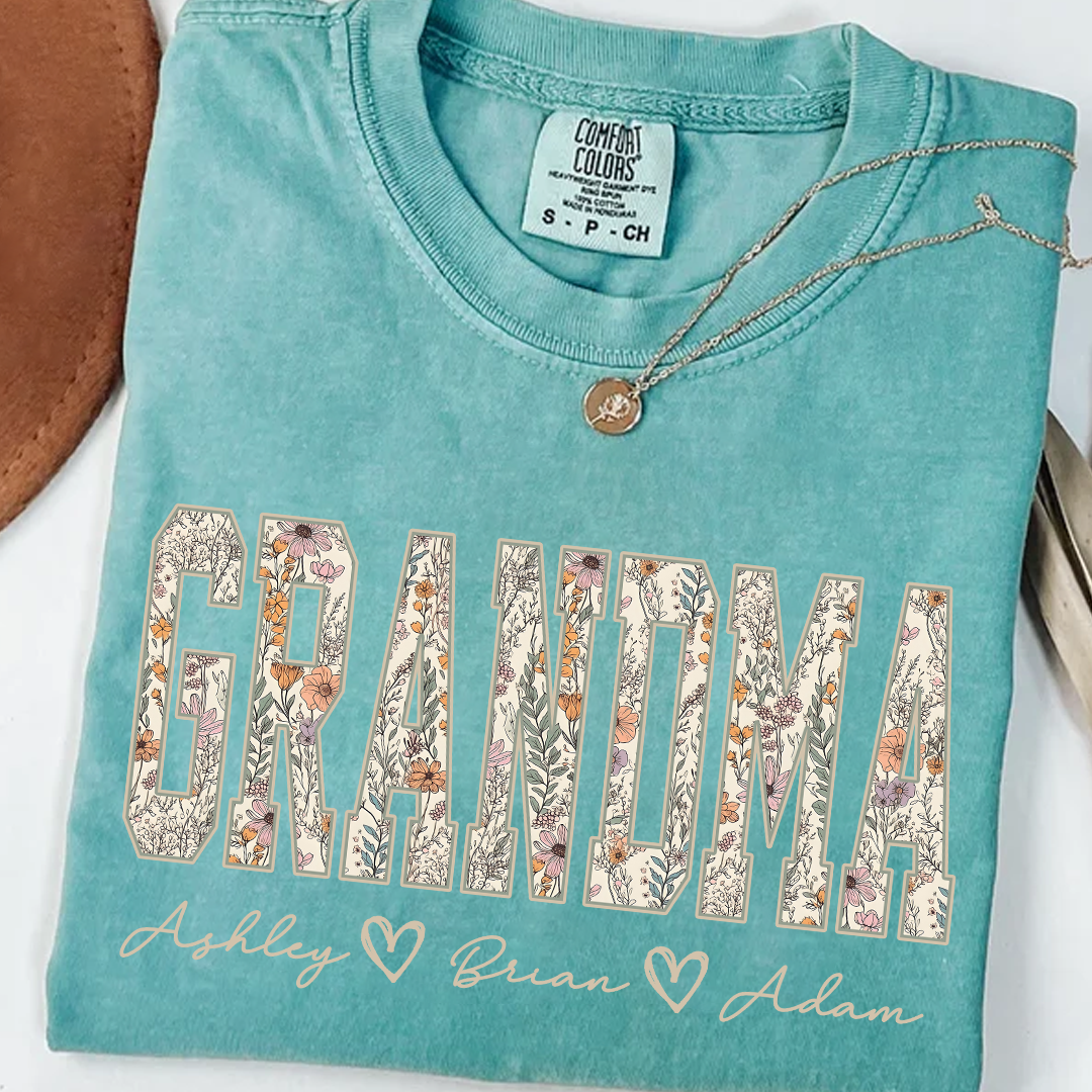 Comfort Colors® Personalized Grandma T-Shirt with Kids Names – Wildflower Letters Gift for Nana, Gigi, Mimi
