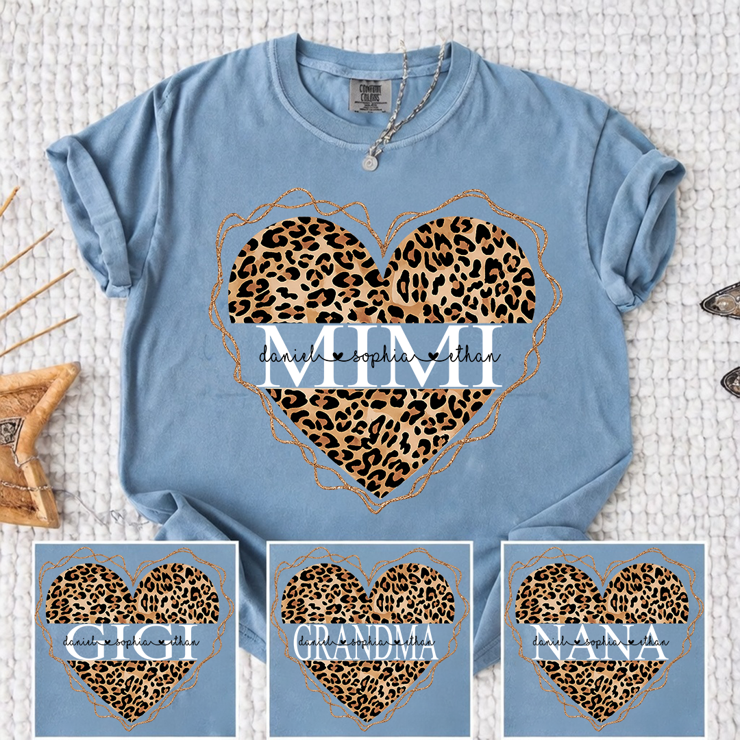 Comfort Colors Personalized Mimi Shirt Leopard Heart Design Custom Grandma Nana Gigi Name Tee with Grandkids Names Trendy Family Outfit for Women