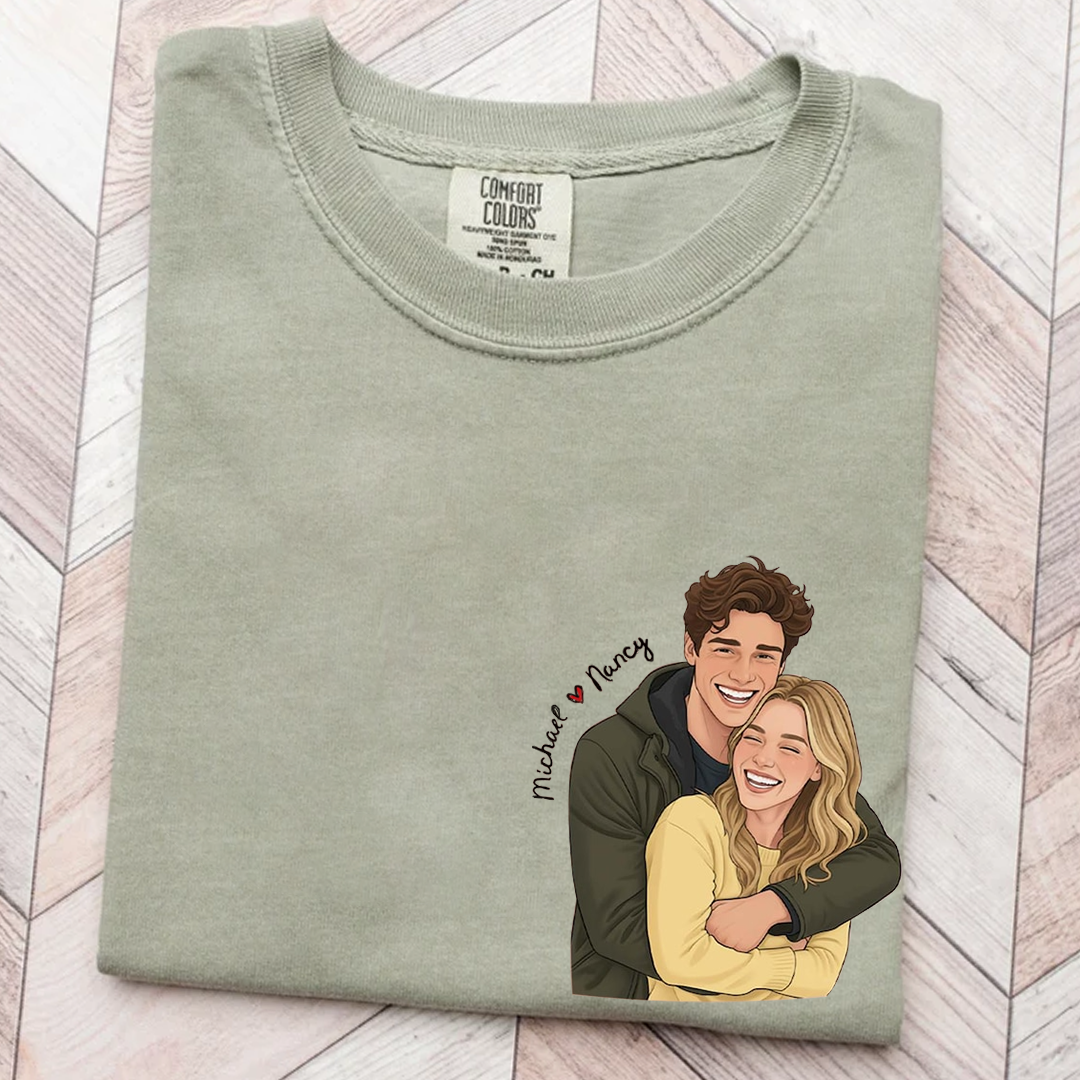 Custom Cartoon Couple Portrait Comfort Colors Shirt, Personalized Photo Illustration T Shirt, Matching Couple Tee with Names, Cute Romantic Outfit for Couples
