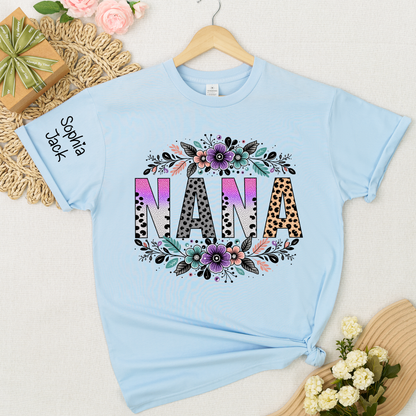 Personalized Floral Name Shirt - Custom Nickname with Floral Pattern for Nana, Mimi, Grandma, Gigi - Family Love Casual Tee