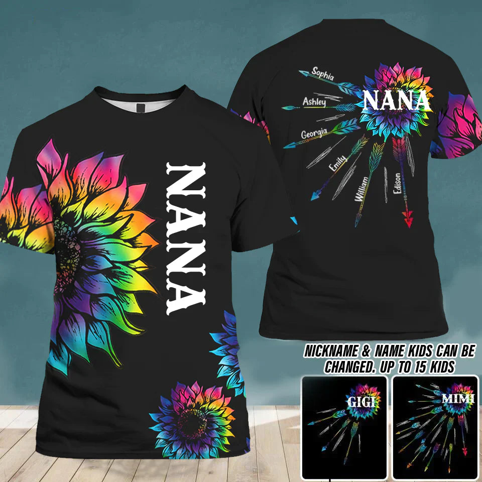 Personalized Grandma with Kid Name Tie Dye Sunflower Tee 3D
