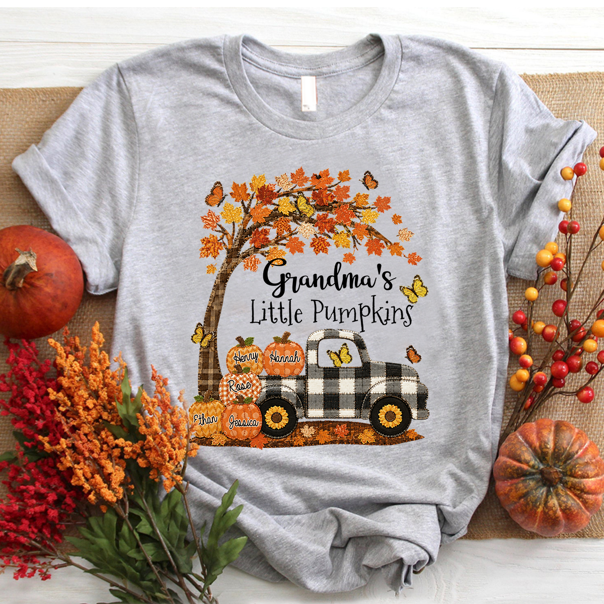 Custom Patchwork Grandma Pumpkin Shirt, Personalized Nana Mimi Tractor Fall Shirt with Kids Names