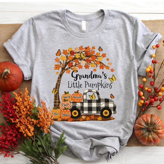 Custom Patchwork Grandma Pumpkin Shirt, Personalized Nana Mimi Tractor Fall Shirt with Kids Names