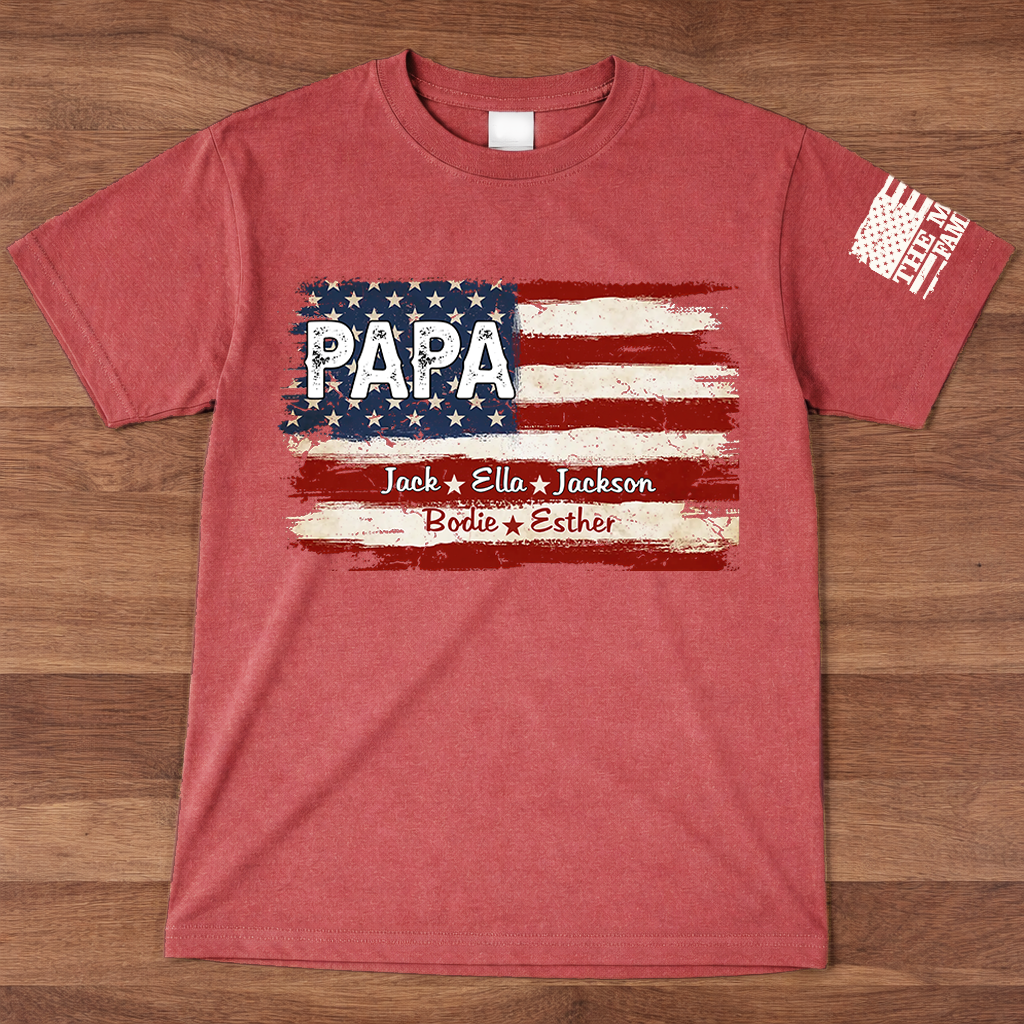 Personalized Papa American Flag Shirt, Custom Dad T-Shirt with Kids Names, Patriotic Family Gift