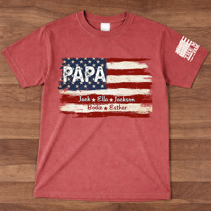 Personalized Papa American Flag Shirt, Custom Dad T-Shirt with Kids Names, Patriotic Family Gift