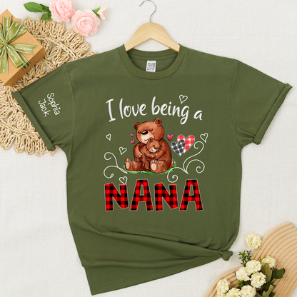 Personalized I Love Being a Nana T-shirt with Custom Names, Cute Bear Graphic, Customizable Gift for Nana