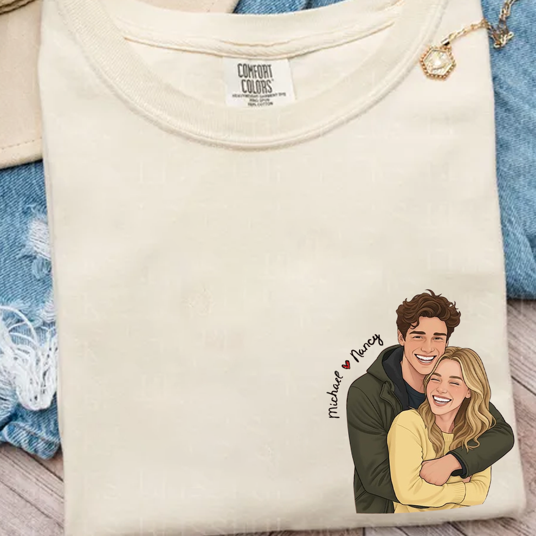 Custom Cartoon Couple Portrait Comfort Colors Shirt, Personalized Photo Illustration T Shirt, Matching Couple Tee with Names, Cute Romantic Outfit for Couples