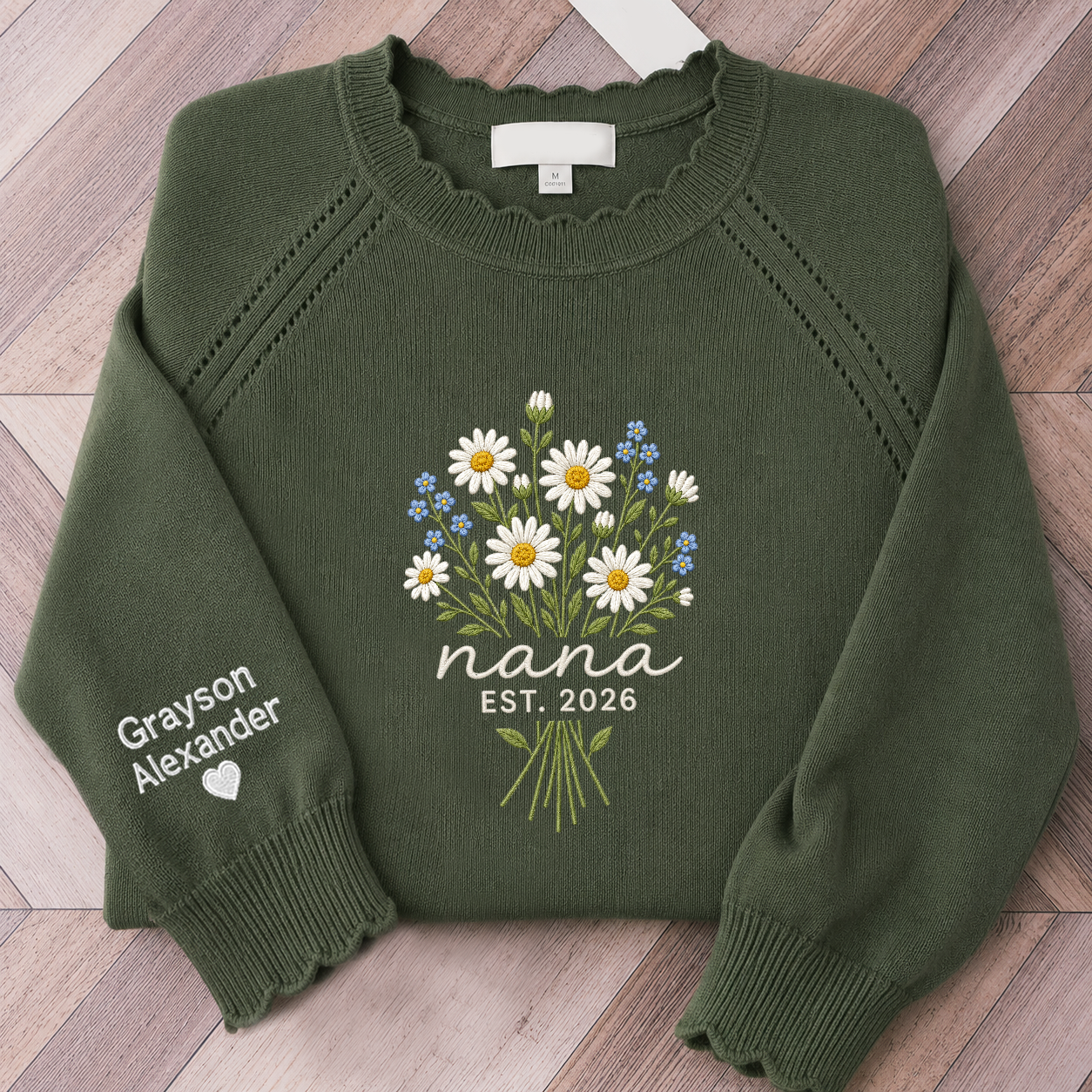 Custom Embroidered Knit Nana Sweater – Personalized Floral EST. 2026 Crewneck with Sleeve Name