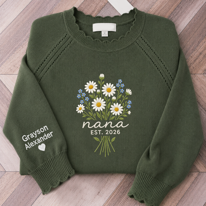 Custom Embroidered Knit Nana Sweater – Personalized Floral EST. 2026 Crewneck with Sleeve Name