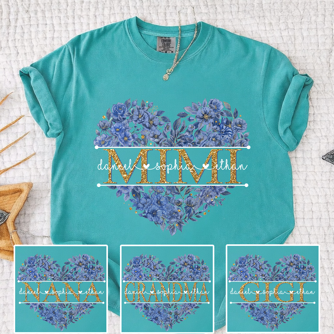 Comfort Personalized Mimi Shirt Blue Floral Heart Design Custom Grandma Nana Gigi Name Tee with Grandkids Names Elegant Family Outfit Gift for Her