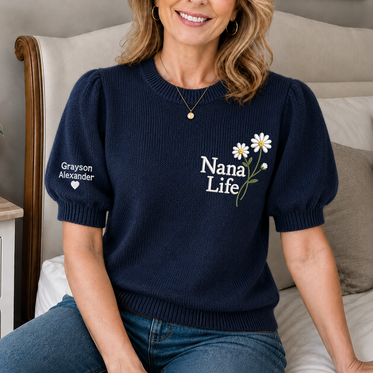 Custom Embroidered Knit Nana Life Sweater – Personalized Daisy Floral Crewneck with Sleeve Name