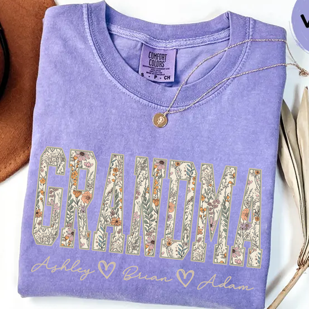 Comfort Colors® Personalized Grandma T-Shirt with Kids Names – Wildflower Letters Gift for Nana, Gigi, Mimi