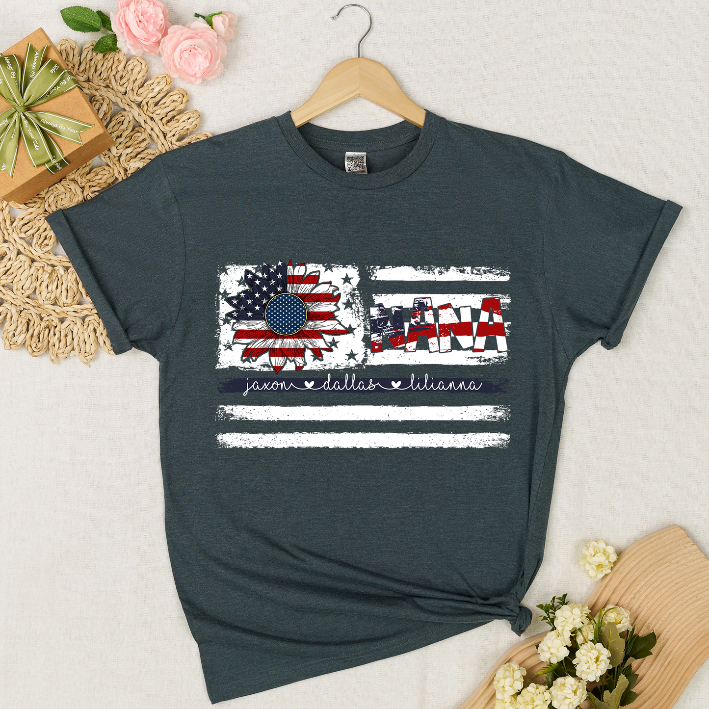 Personalized Nana Shirt with Grandkids Names, American Flag Sunflower Patriotic T-Shirt, Custom Grandma Gif