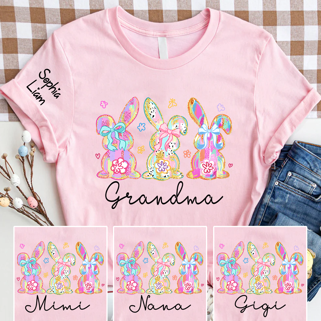 Personalized Grandma Bunny Shirt With Kids Names, Colorful Easter Rabbit Graphic Tee, Custom Family Spring Shirt for Grandma Mimi Nana Gigi