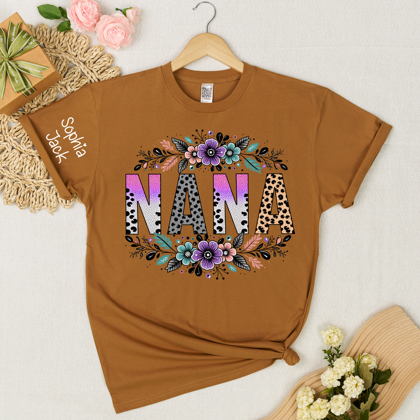 Personalized Floral Name Shirt - Custom Nickname with Floral Pattern for Nana, Mimi, Grandma, Gigi - Family Love Casual Tee
