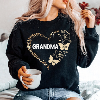Personalized Grandma Butterfly Sweatshirt, Custom Nickname With Grandkids Butterfly Heart Leopard