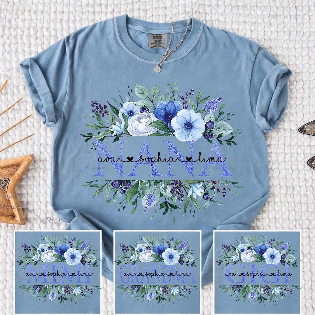 Comfort Colors Personalized Nana T-shirt with Custom Names, Floral Design, Customizable Gift for Nana