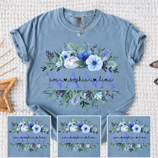 Comfort Colors Personalized Nana T-shirt with Custom Names, Floral Design, Customizable Gift for Nana
