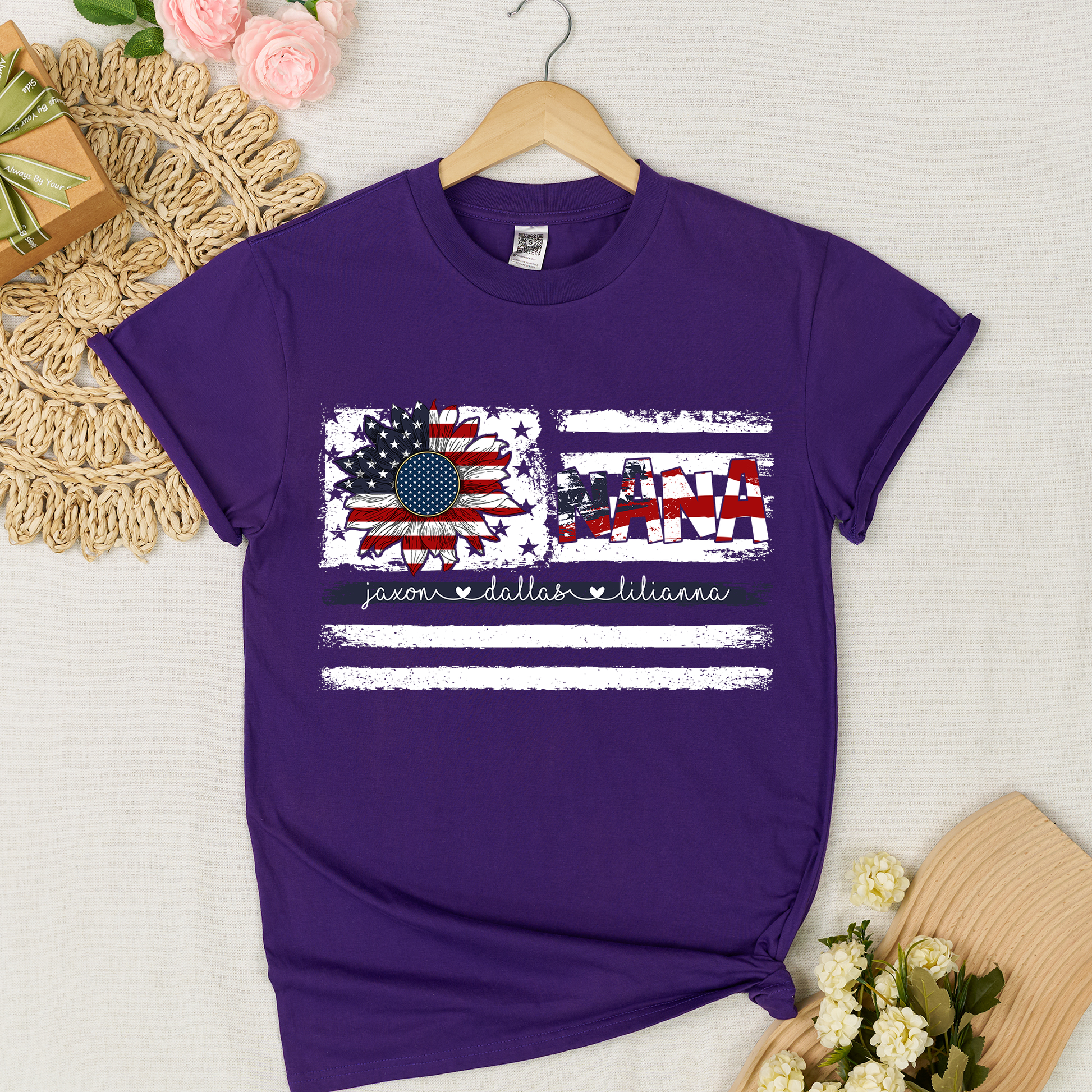 Personalized Nana Shirt with Grandkids Names, American Flag Sunflower Patriotic T-Shirt, Custom Grandma Gif