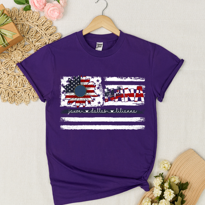 Personalized Nana Shirt with Grandkids Names, American Flag Sunflower Patriotic T-Shirt, Custom Grandma Gif