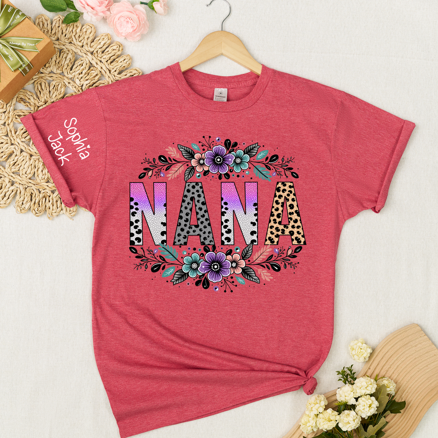 Personalized Floral Name Shirt - Custom Nickname with Floral Pattern for Nana, Mimi, Grandma, Gigi - Family Love Casual Tee