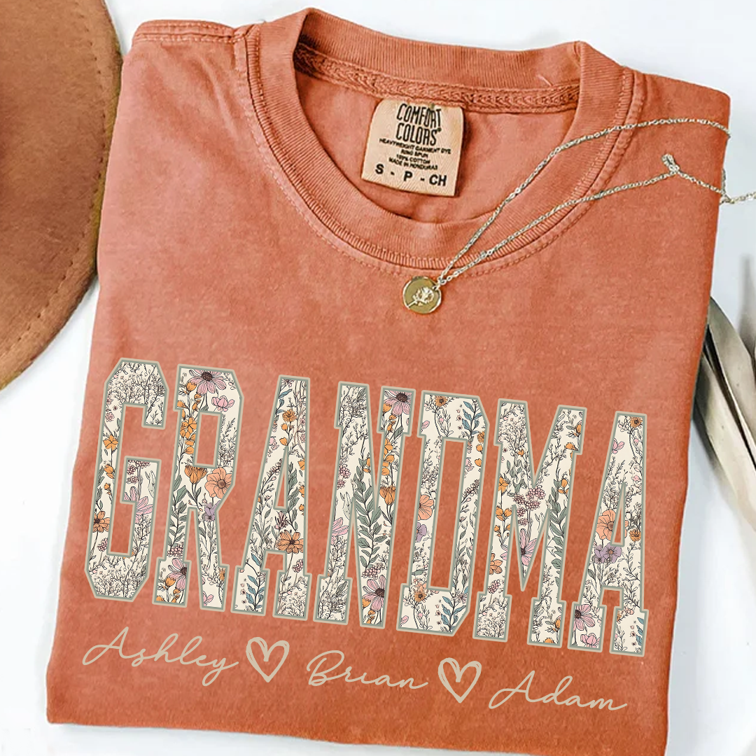 Comfort Colors® Personalized Grandma T-Shirt with Kids Names – Wildflower Letters Gift for Nana, Gigi, Mimi