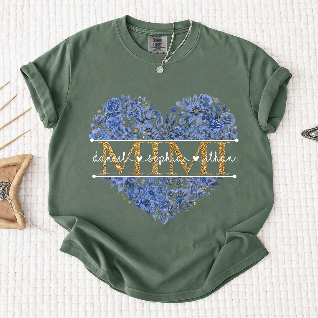 Comfort Personalized Mimi Shirt Blue Floral Heart Design Custom Grandma Nana Gigi Name Tee with Grandkids Names Elegant Family Outfit Gift for Her