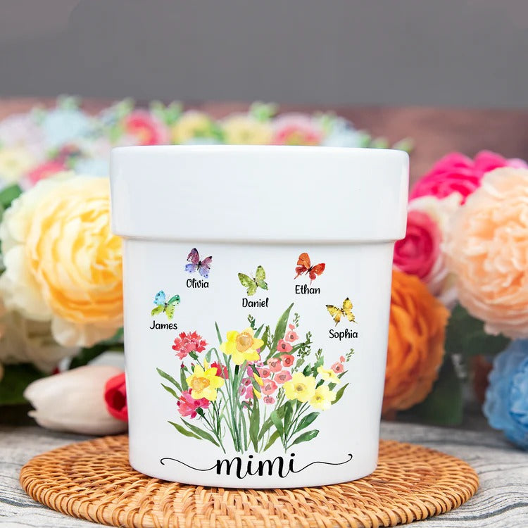 Grandma Flower And Butterfly Plant Pot, Custom Grandma And Grandkids TH Plant Pot Plant Pot