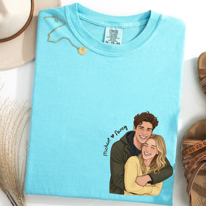 Custom Cartoon Couple Portrait Comfort Colors Shirt, Personalized Photo Illustration T Shirt, Matching Couple Tee with Names, Cute Romantic Outfit for Couples