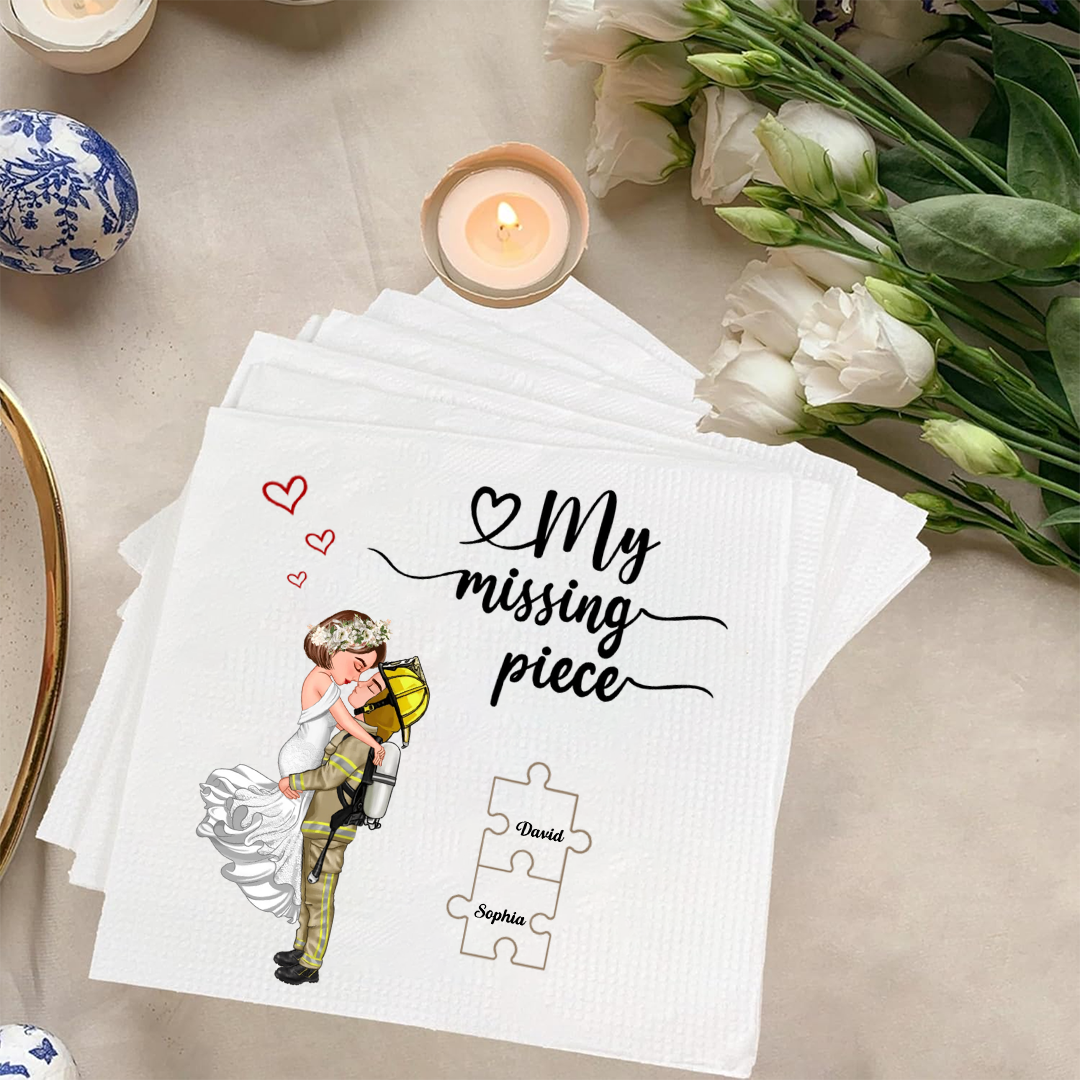 My Missing Piece Personalized Wedding Napkin – Custom Names Puzzle Design Napkinds