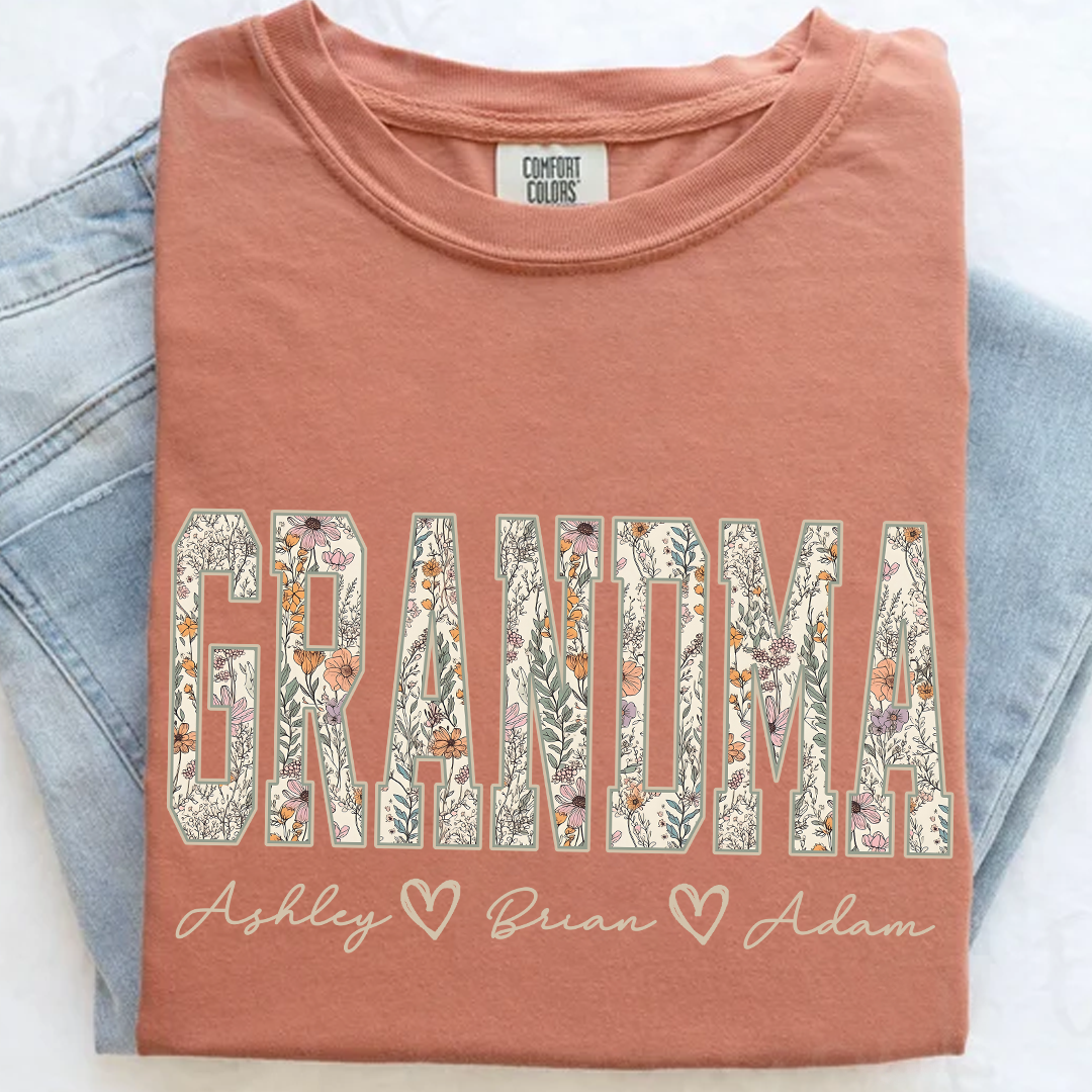 Comfort Colors® Personalized Grandma T-Shirt with Kids Names – Wildflower Letters Gift for Nana, Gigi, Mimi