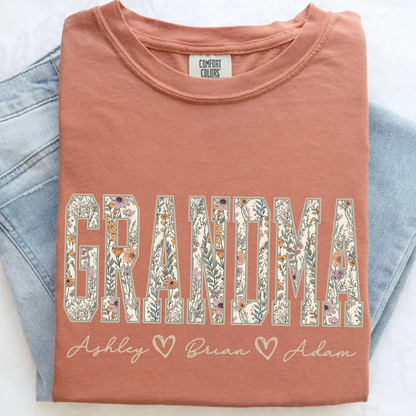 Comfort Colors® Personalized Grandma T-Shirt with Kids Names – Wildflower Letters Gift for Nana, Gigi, Mimi