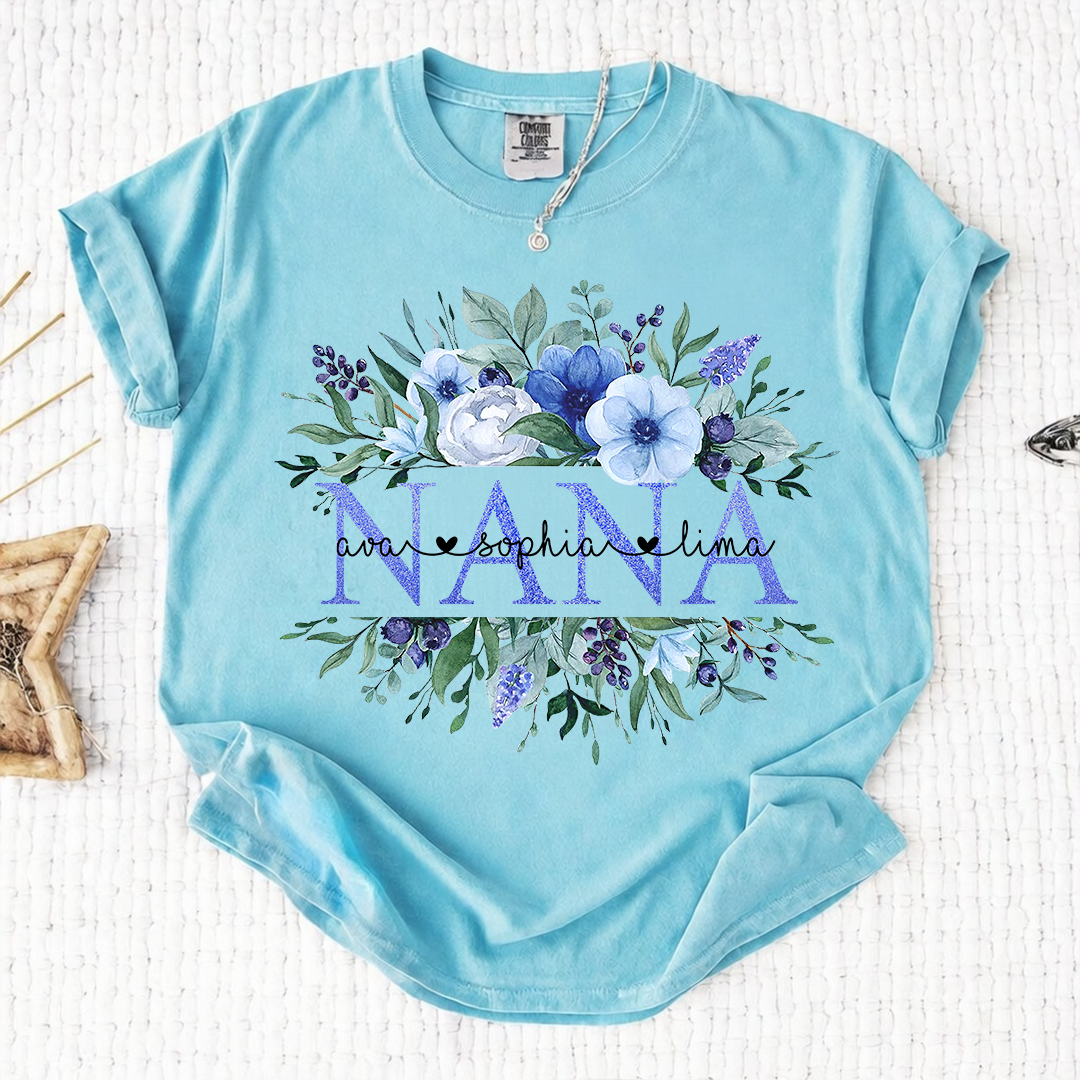 Comfort Colors Personalized Nana T-shirt with Custom Names, Floral Design, Customizable Gift for Nana