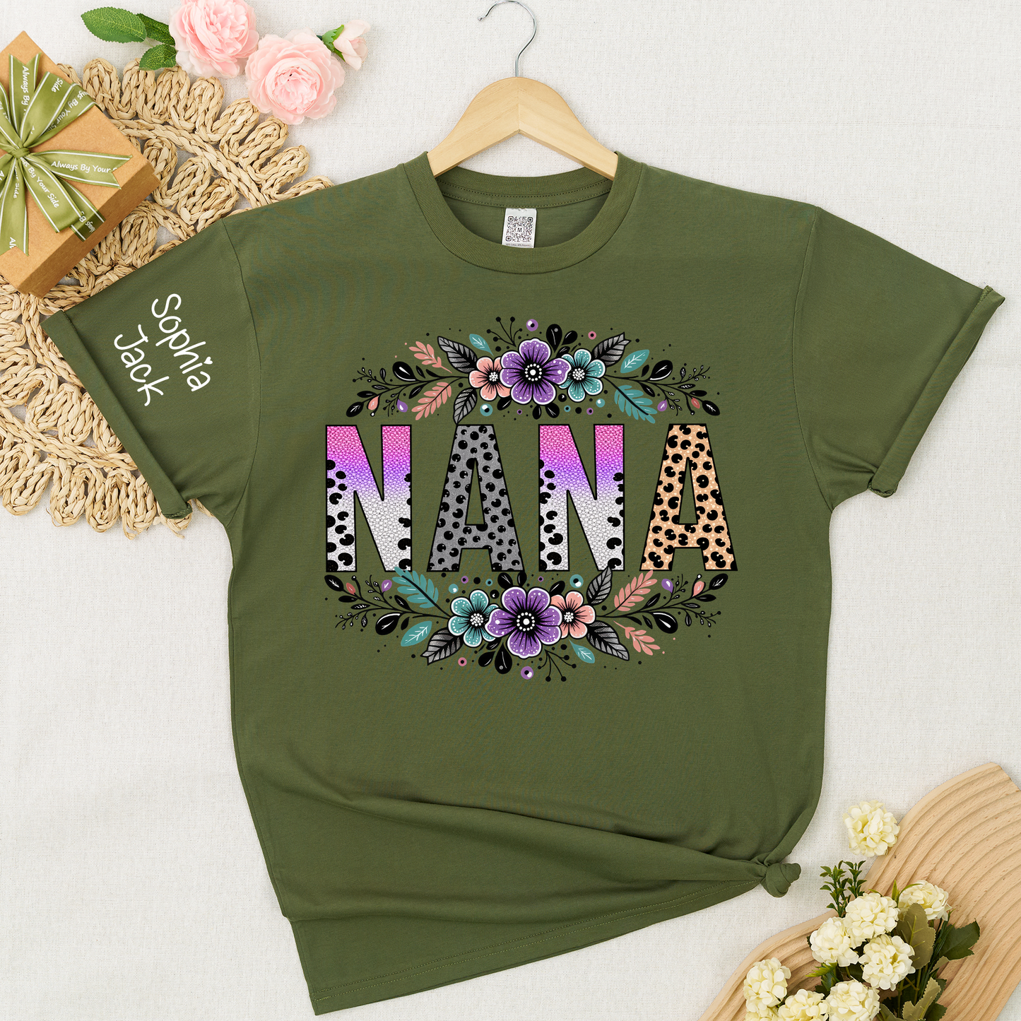 Personalized Floral Name Shirt - Custom Nickname with Floral Pattern for Nana, Mimi, Grandma, Gigi - Family Love Casual Tee