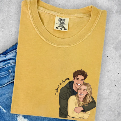 Custom Cartoon Couple Portrait Comfort Colors Shirt, Personalized Photo Illustration T Shirt, Matching Couple Tee with Names, Cute Romantic Outfit for Couples