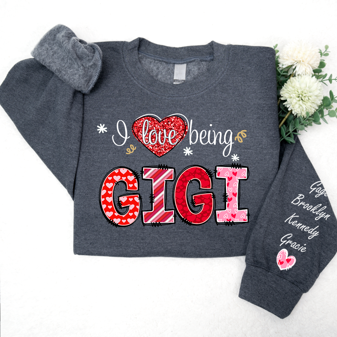 I Love Being Gigi Heart With Grandkids Names On Sleeve Sweatshirt, Personalized Mother's Day Gift