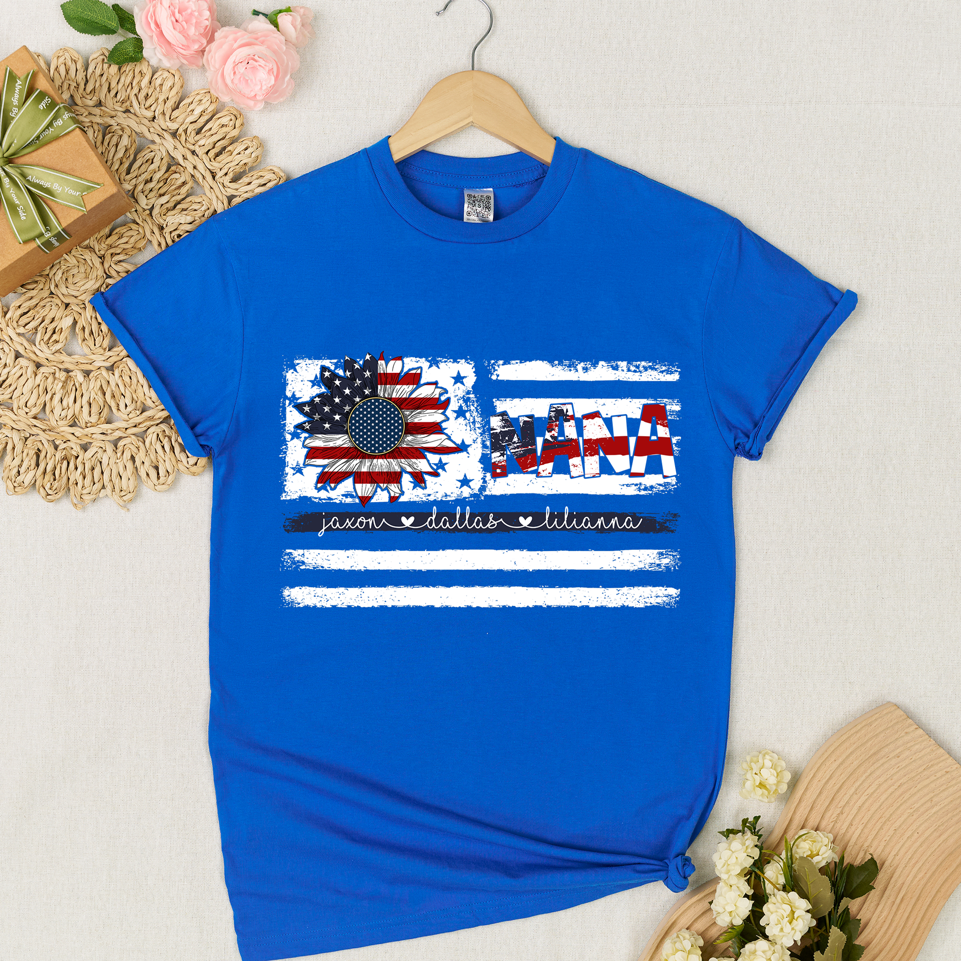 Personalized Nana Shirt with Grandkids Names, American Flag Sunflower Patriotic T-Shirt, Custom Grandma Gif
